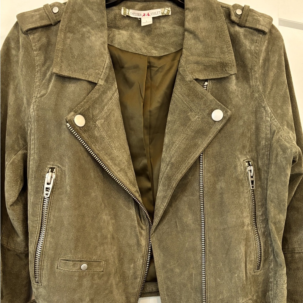 All genuine leather jacket coat, contemporary, small, green, excellent used cond